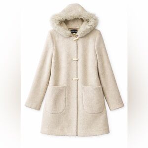The Coat Club Cream Bouclé Toggle Coat w/ Faux Fur Hood Trim | Women’s Size 10